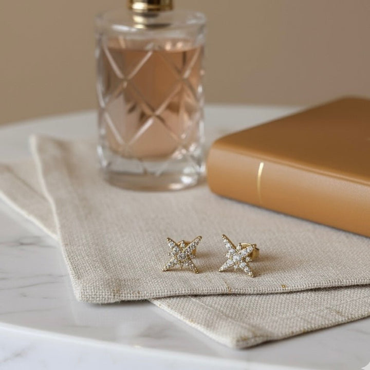 Astra – orecchini a stella con zirconi placcati oro 18K, leggeri e ipoallergenici - Duestelle Italia