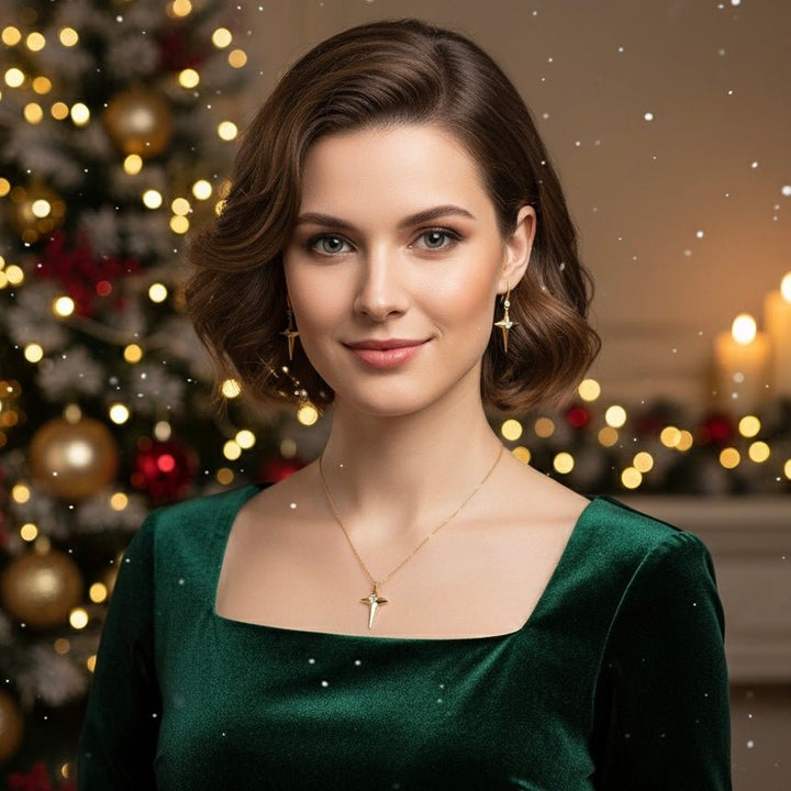 Caelis Set – Collana e orecchini in acciaio oro 18K con stella polare e zircone | Parure regalo elegante - Duestelle Italia