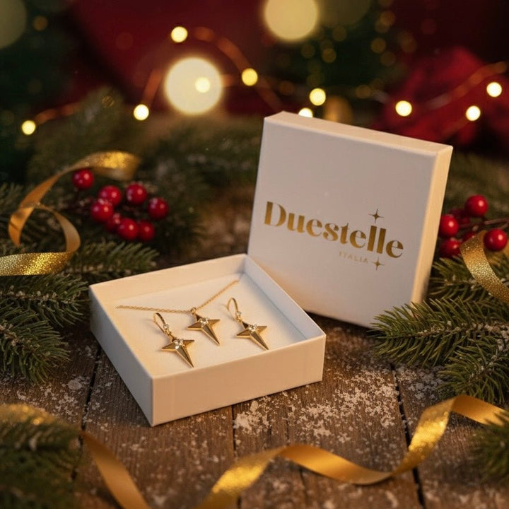 Caelis Set – Collana e orecchini in acciaio oro 18K con stella polare e zircone | Parure regalo elegante - Duestelle Italia