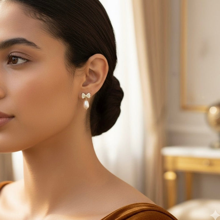 Luna Belle - Orecchini fiocco oro con perla di fiume – Handmade in Italy - Duestelle Italia