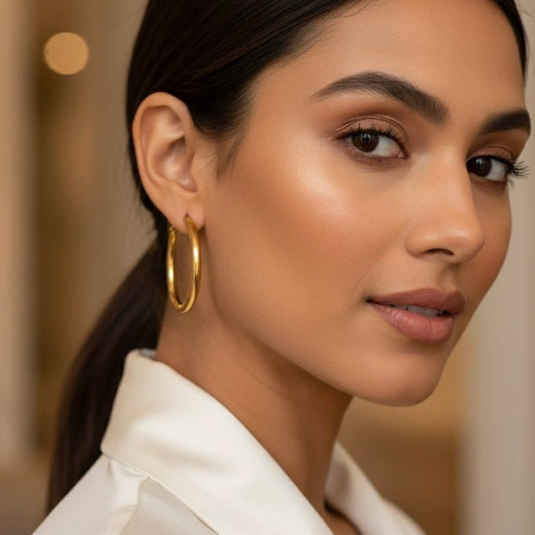 Nysa Hoops – Orecchini a cerchio grandi in acciaio placcato oro 18K, leggeri, anallergici e waterproof - Duestelle Italia