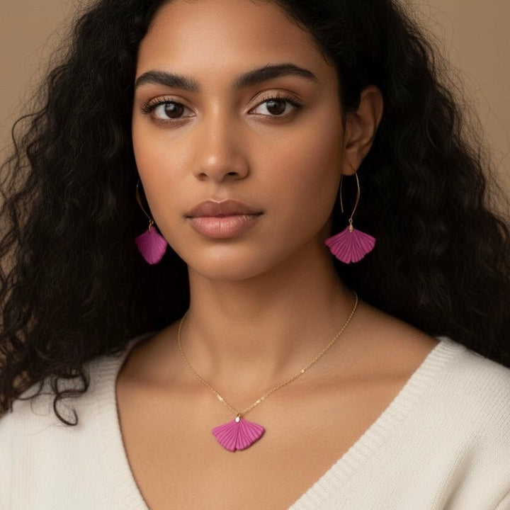 Orecchini Ginkgo Rosa - Collana foglia placcato oro 18K - Duestelle Italia