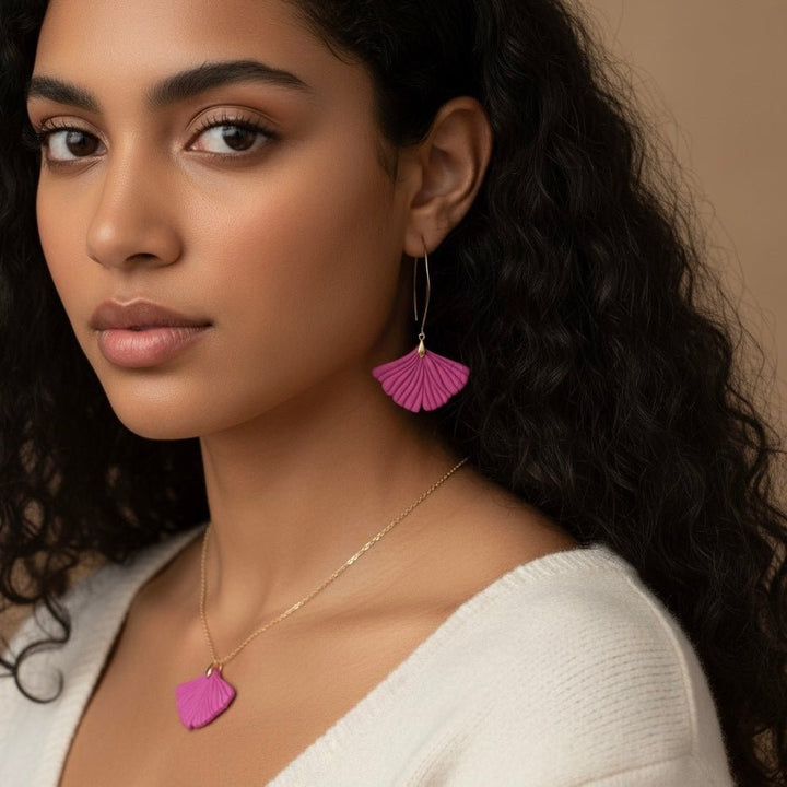 Orecchini Ginkgo Rosa - Collana foglia placcato oro 18K - Duestelle Italia