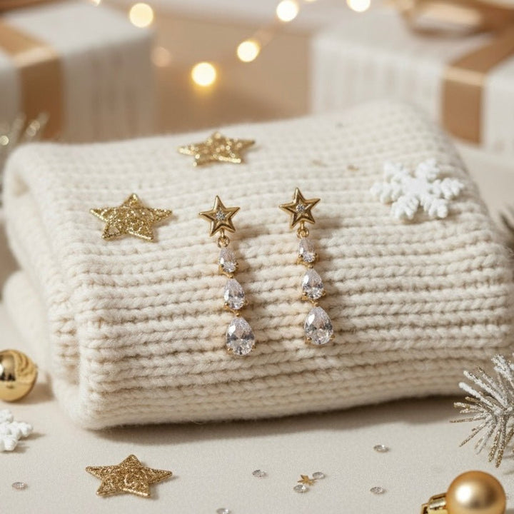 Star Tears Earrings – orecchini pendenti stella placcati oro 18K con zirconi a goccia | Handmade in Italy – eleganti e leggeri - Duestelle Italia